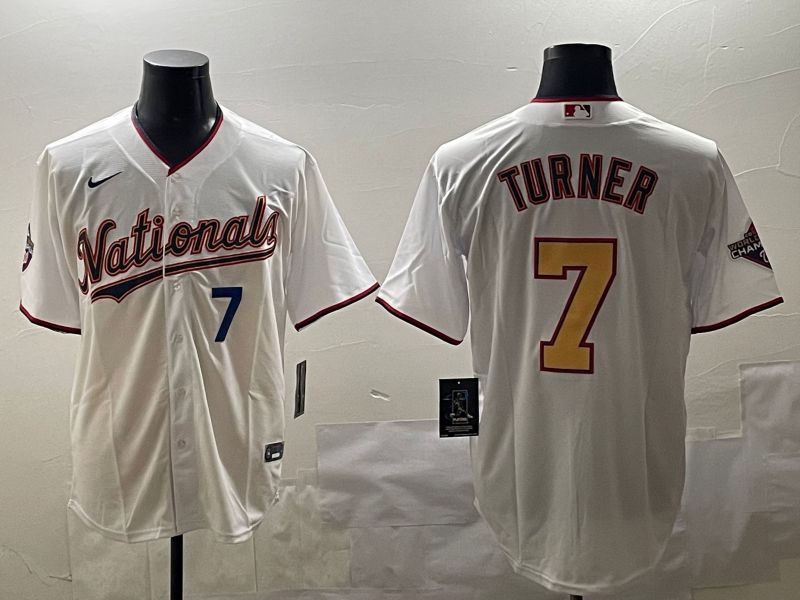 Men Washington Nationals 7 Turner White Gold Game 2025 Nike MLB Jersey style 4